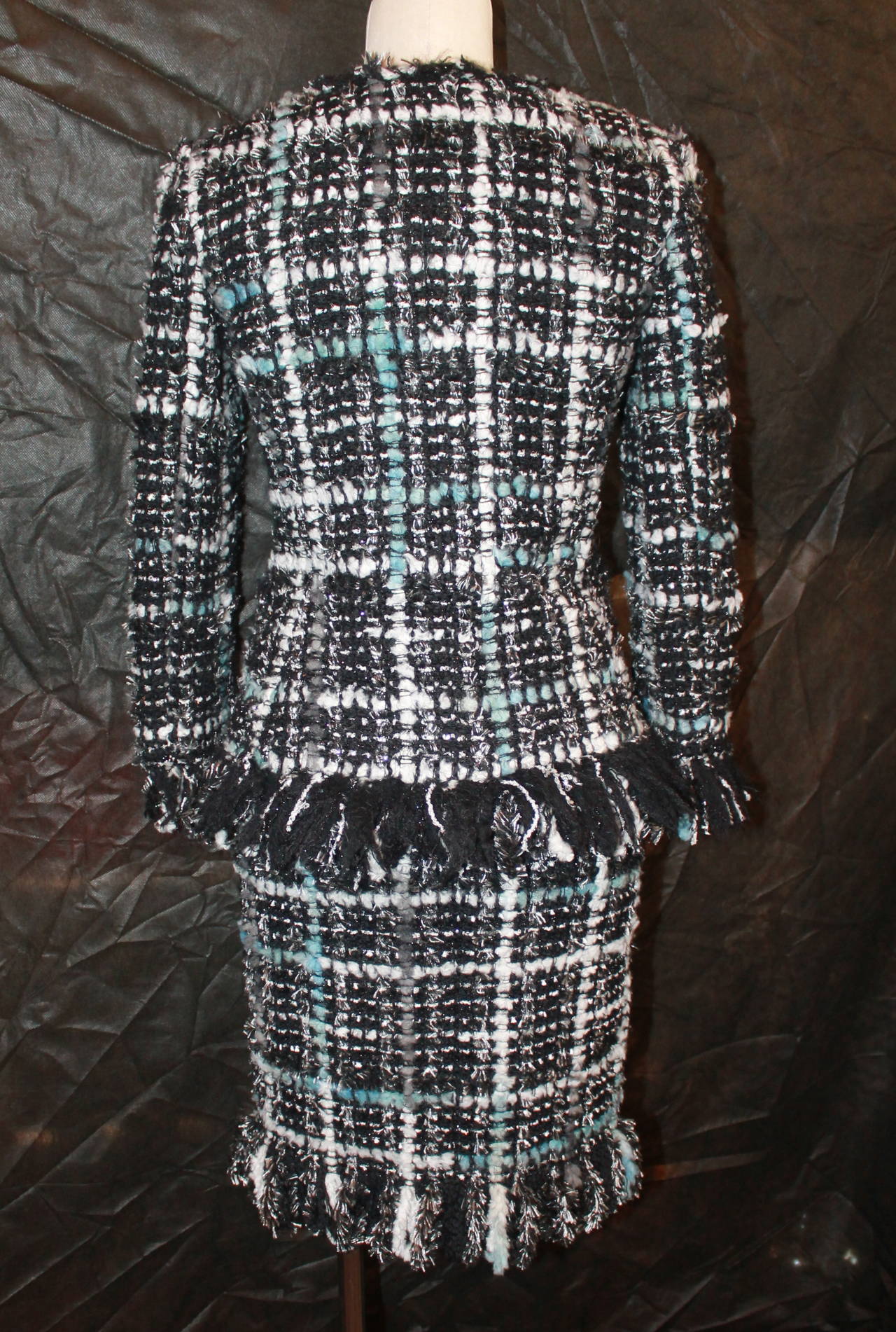 Women's Chanel Blue, Silver, Black Tweed Skirt Suit with Fringe - 34 - cc 2013