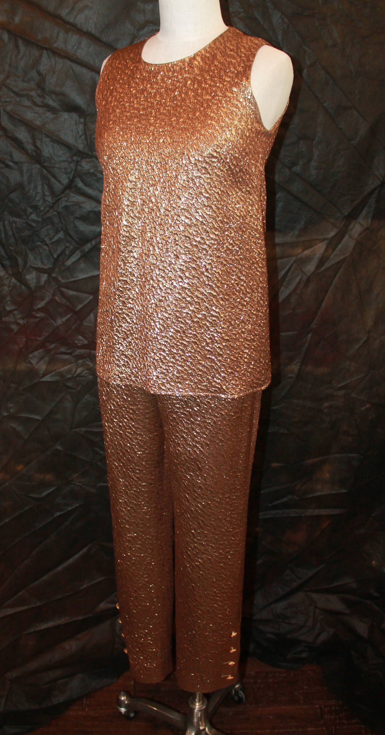 Women's Chanel 1996 Gold Top & Pants with Tan Tweed Coat & Gripoix Buttons - 34