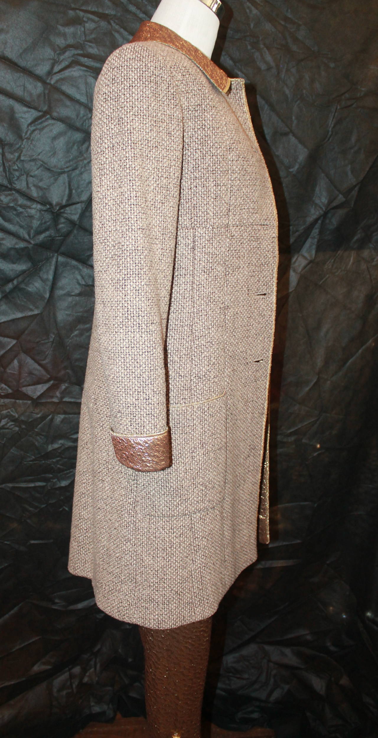 Chanel 1996 Gold Top & Pants with Tan Tweed Coat & Gripoix Buttons - 34