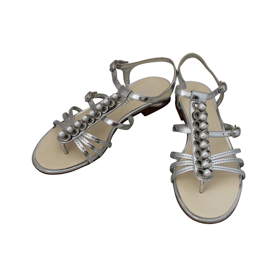 Chanel Silver Metallic Gladiator Sandals with Pearls - 38.5