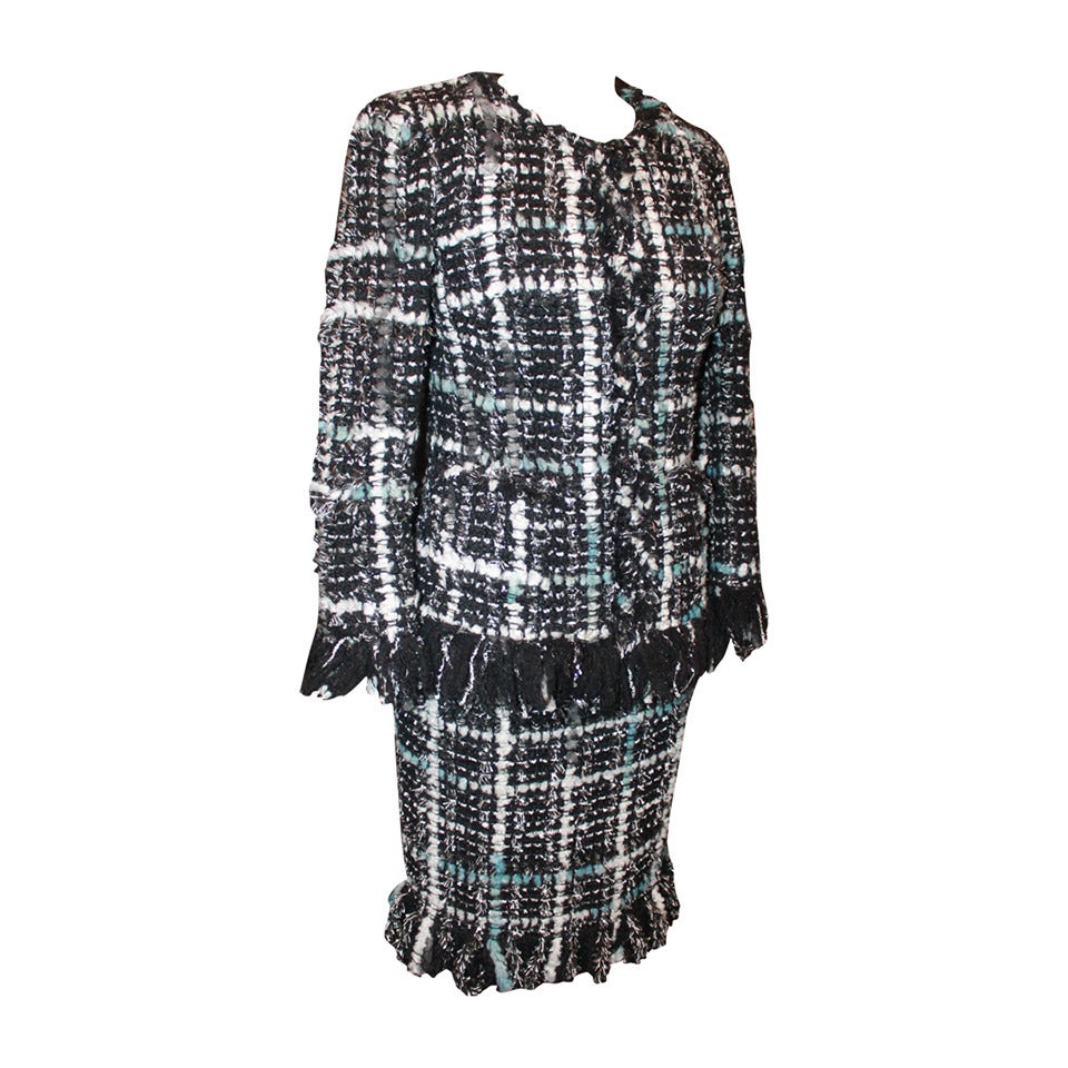 Chanel Blue, Silver, Black Tweed Skirt Suit with Fringe - 34 - cc 2013
