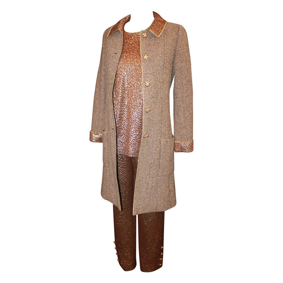 Chanel 1996 Gold Top & Pants with Tan Tweed Coat & Gripoix Buttons - 34
