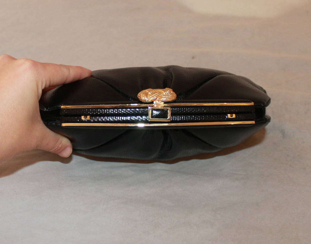 Judith Leiber 1980's Vintage Black Lizard Evening Bag with Gold Knot Clasp In Excellent Condition In West Palm Beach, FL