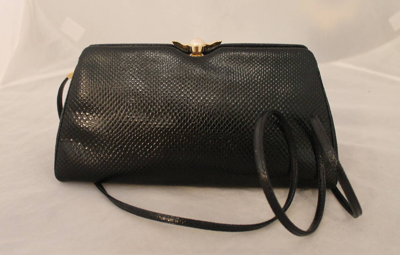 Judith Leiber 1980's Vintage Black Lizard Evening Bag with Pearl Clasp In Excellent Condition In West Palm Beach, FL