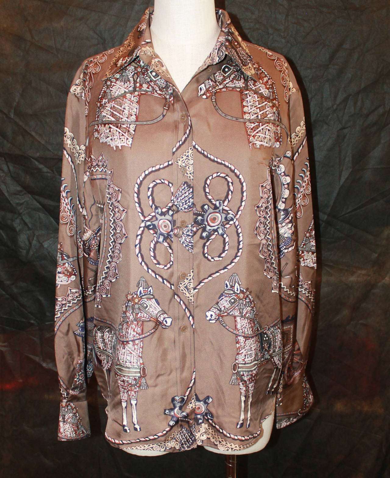 Hermes Brown Horse & Carriage Print Silk Long Sleeve Shirt - 42. This shirt is in excellent condition with very minor wear. 

Measurements:
Bust- 42