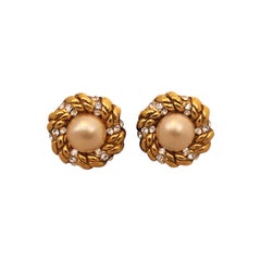 Chanel Goldtone, Pearl and Rhinestone Earrings - Circa 1986