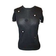 Chanel Black Cotton Short Sleeve Shirt with Polka Dot Cut-Outs - 36