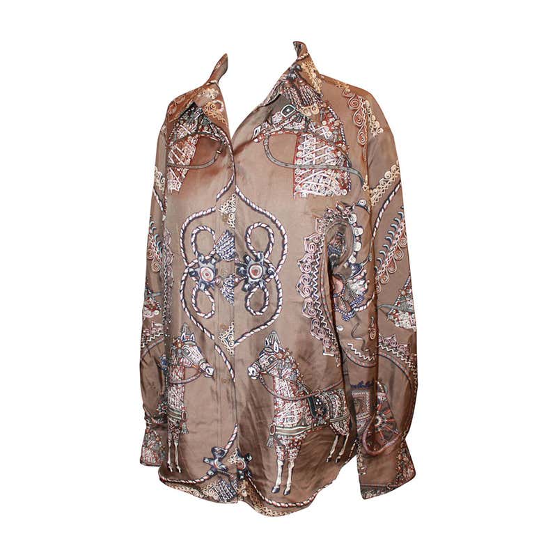 Hermes Brown Horse and Carriage Print Silk Long Sleeve Shirt - 42 For ...