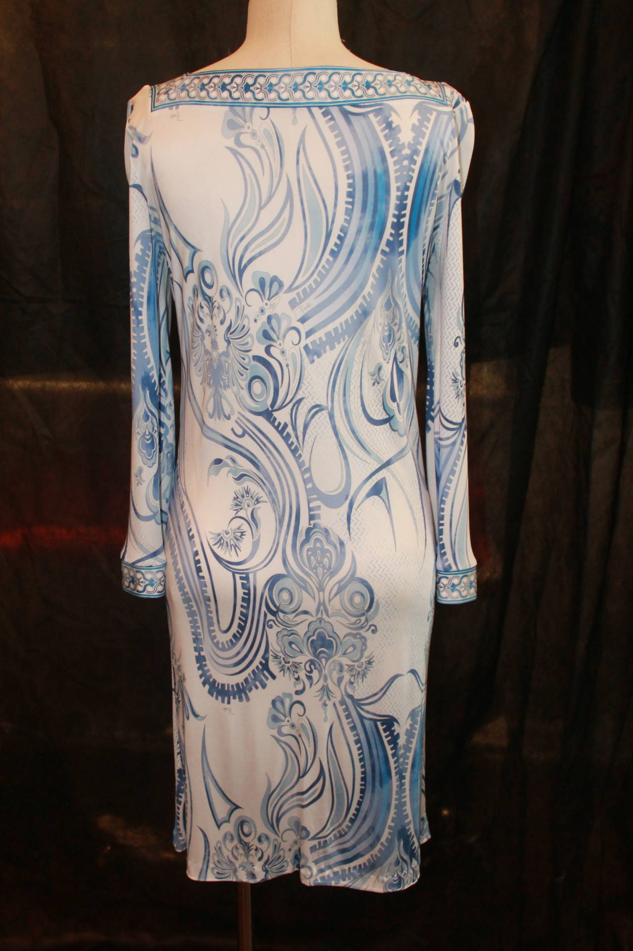 Women's Emilio Pucci White & Blue Printed Long-Sleeve Jersey Dress - 46