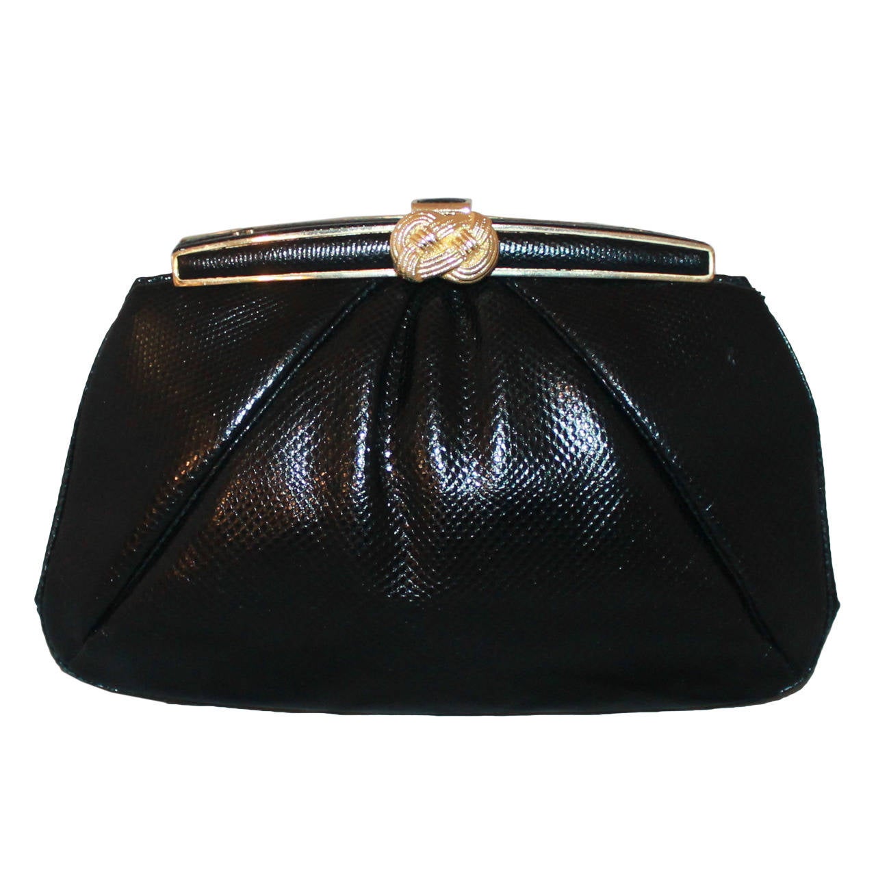 Judith Leiber 1980's Vintage Black Lizard Evening Bag with Gold Knot Clasp