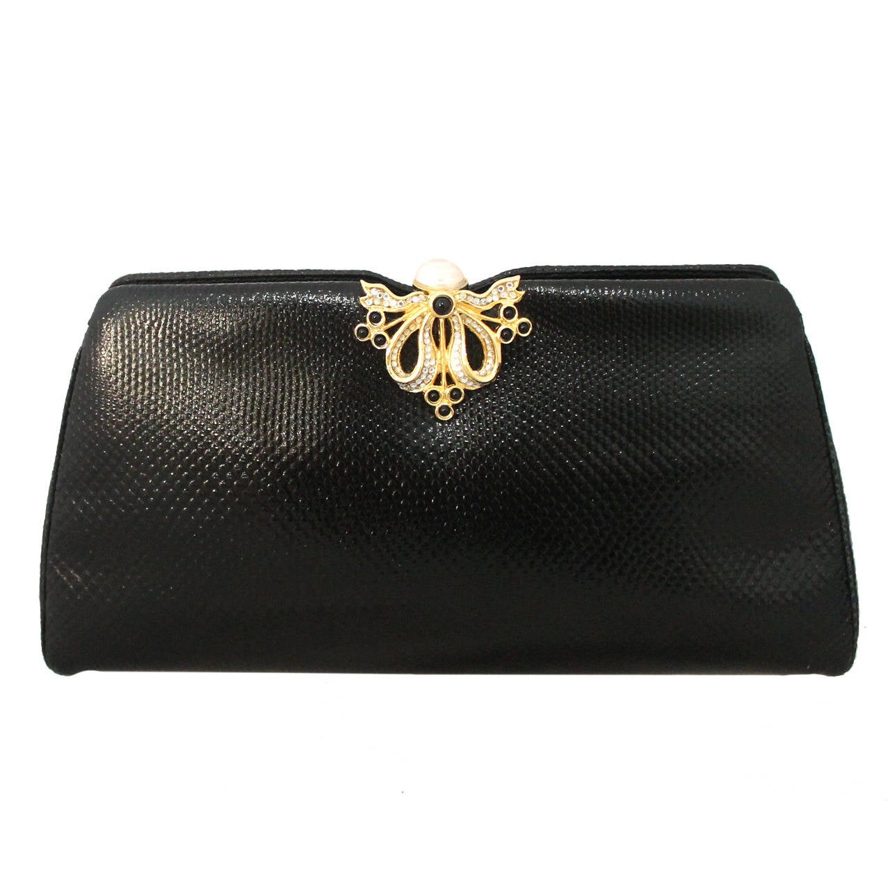 Judith Leiber 1980's Vintage Black Lizard Evening Bag with Pearl Clasp