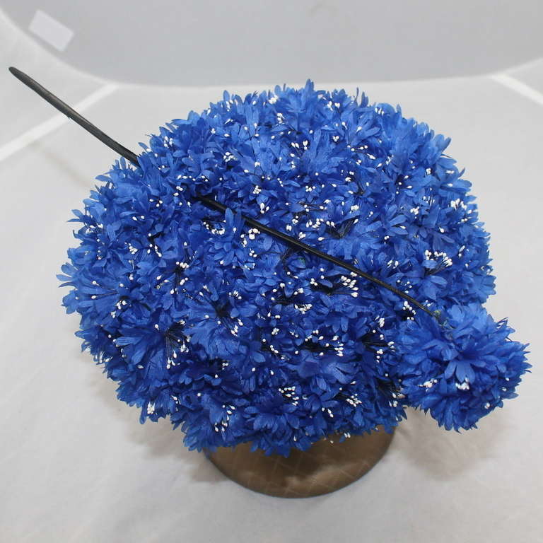 Philip Somerville Vintage Blue Pill-Box Flowered Hat In Excellent Condition In West Palm Beach, FL