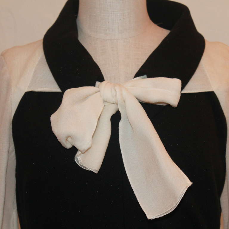 Women's Chanel Black and Ivory Wool Crepe and Silk Chiffon Dress - sz 40