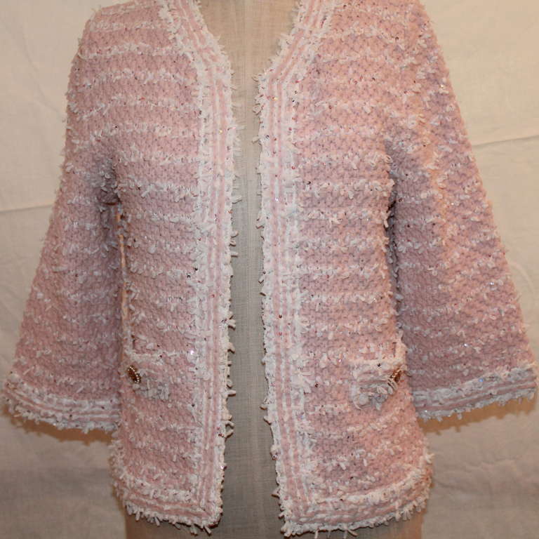 Chanel Pink & White Ribbon Knit Jacket - Sz 42 - Circa 2007 1
