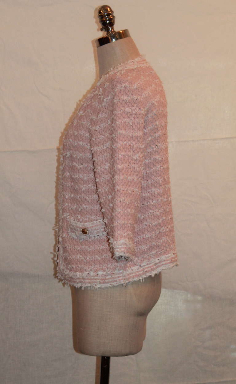 Chanel Pink & White Ribbon Knit Jacket - Sz 42 - Circa 2007 In Excellent Condition In West Palm Beach, FL