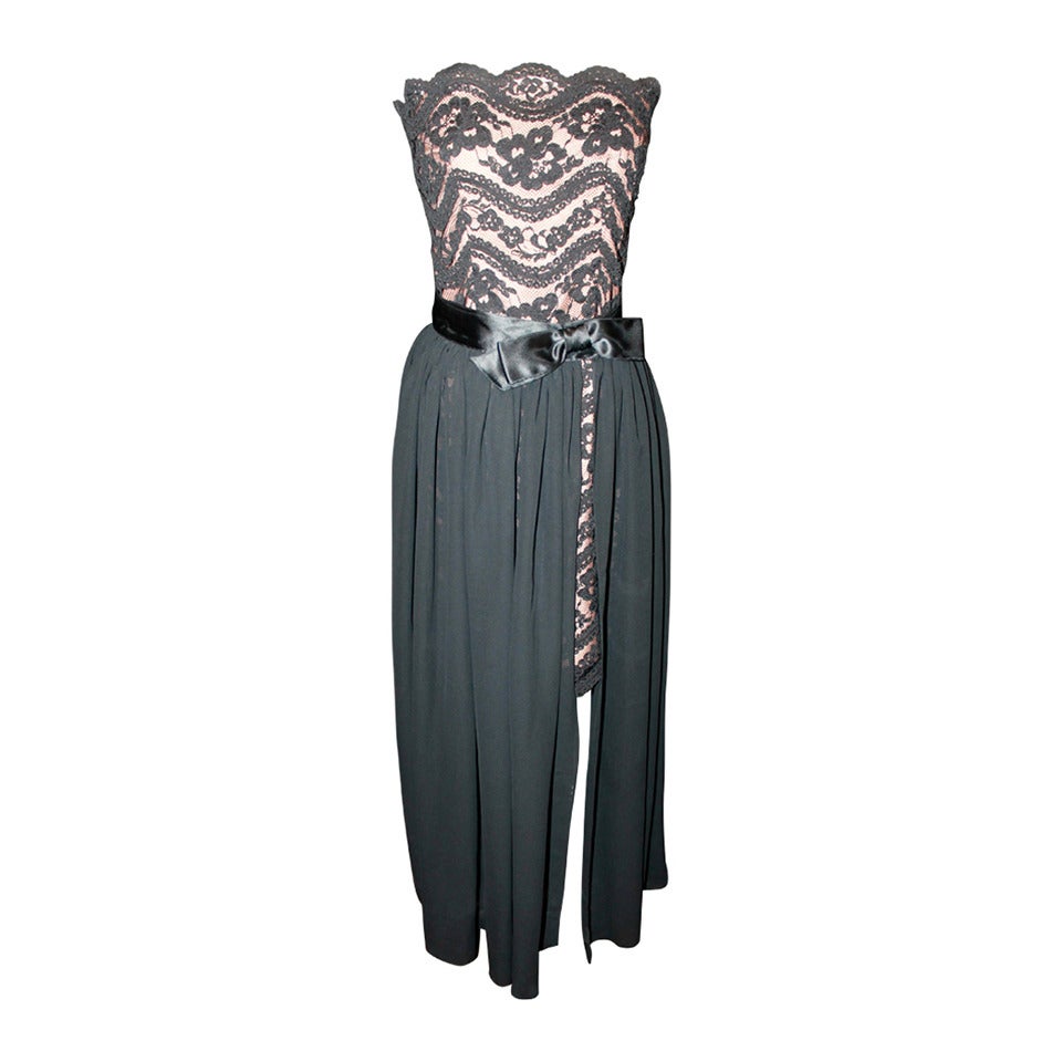 Scaasi Vintage 1980's Strapless Tan & Black Lace Dress & Overlay - 6 For Sale