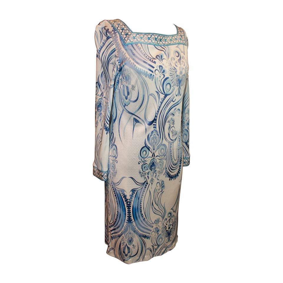 Emilio Pucci White & Blue Printed Long-Sleeve Jersey Dress - 46