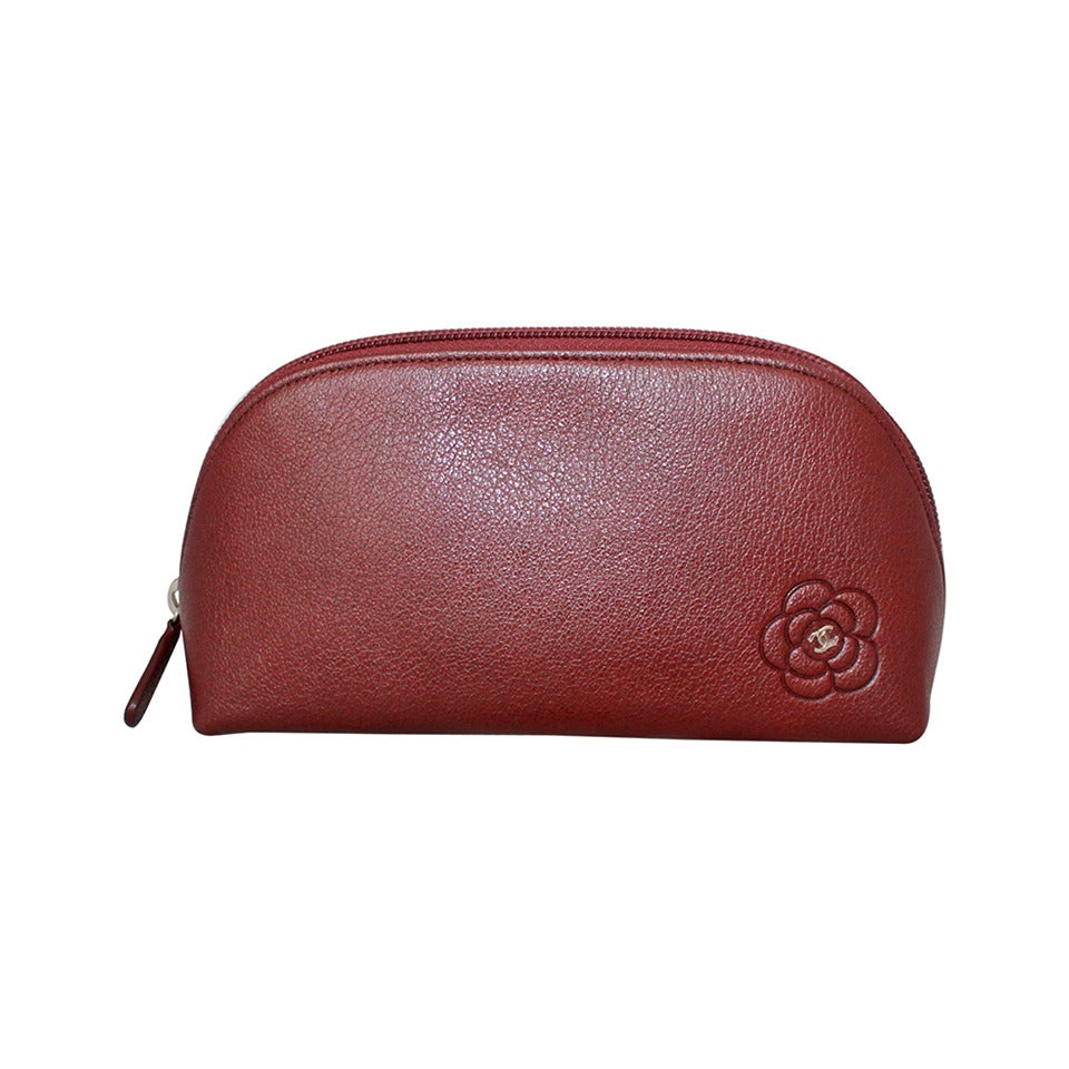 Chanel 2010 Burgundy Leather Make-Up Case with Camelia Motif