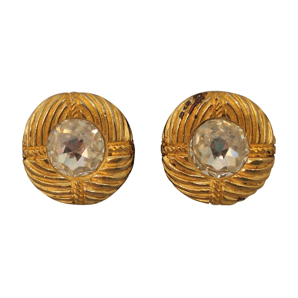 Chanel 1970's Vinatge Rhinestone & Goldtone Swirl Clip-On Earrings