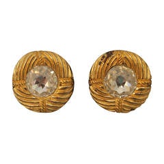 Chanel 1970's Vinatge Rhinestone & Goldtone Swirl Clip-On Earrings