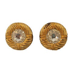 Vintage Chanel 1970's Vinatge Rhinestone & Goldtone Swirl Clip-On Earrings