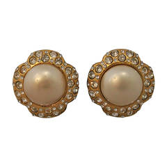 Chanel 1970's Vintage Goldtone & Rhinestone Pearl Clip-On Earrings