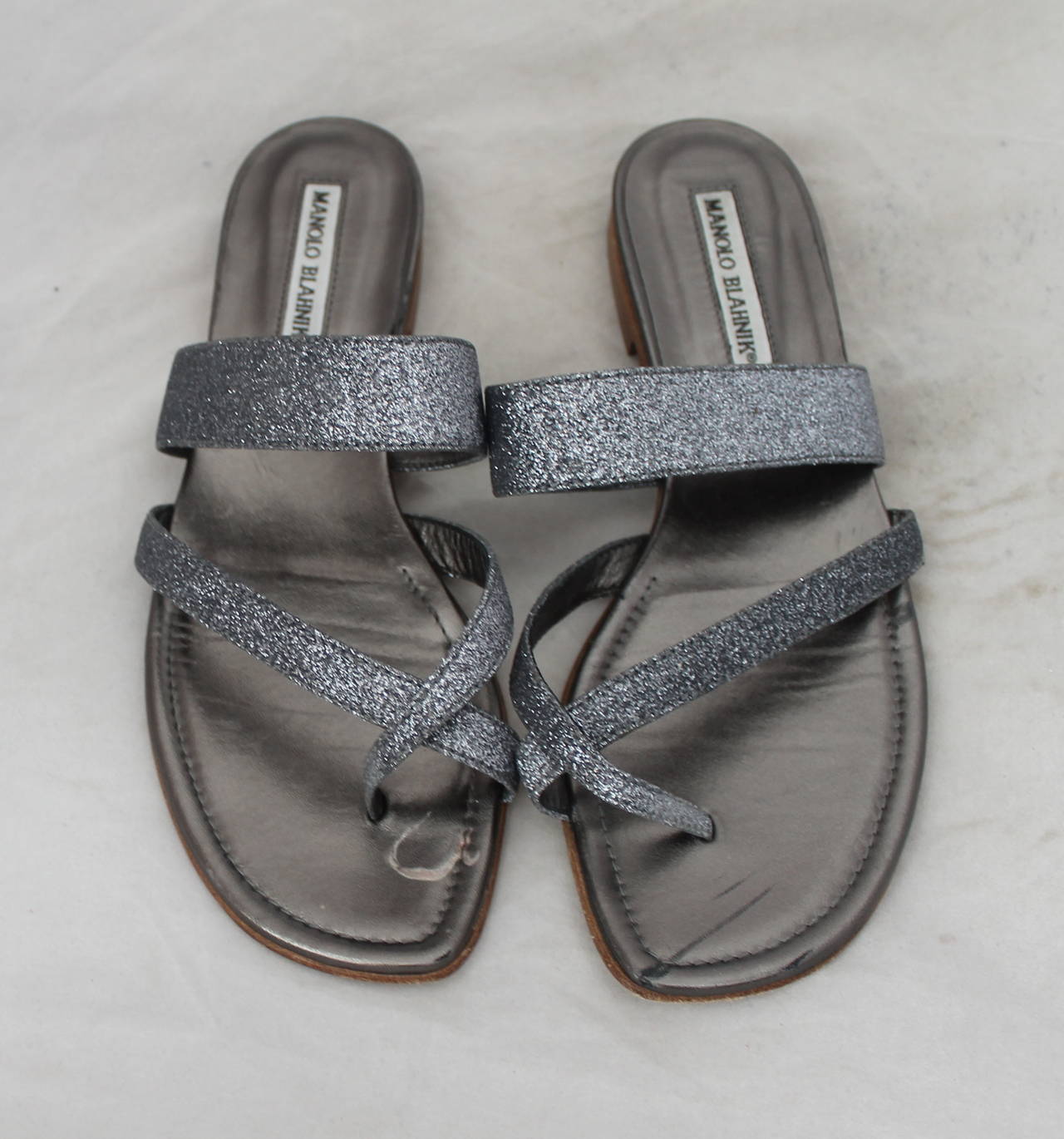 Manolo Blahnik Gunmetal Silver Glitter Sandals - 38.5