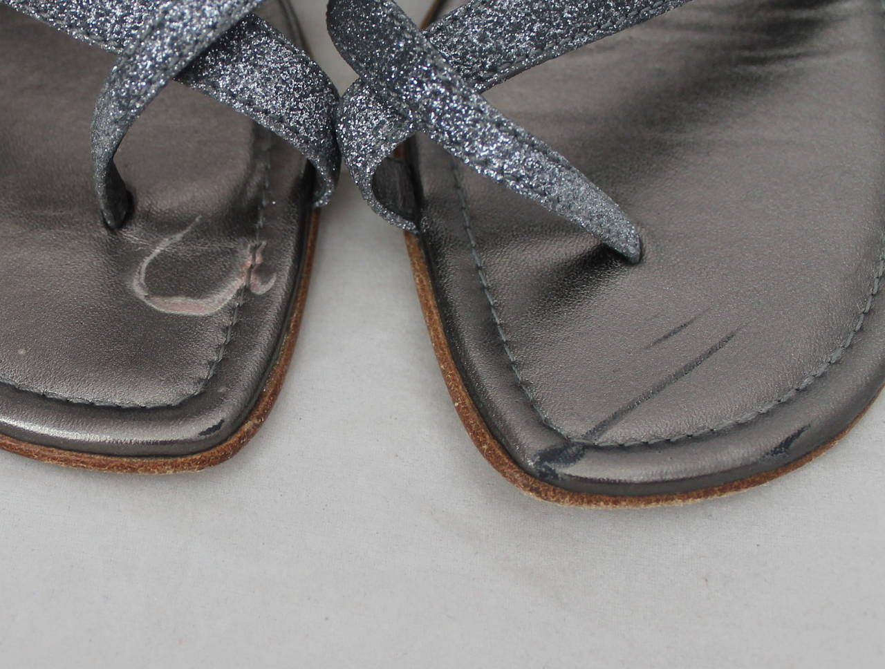 Black Manolo Blahnik Gunmetal Silver Glitter Sandals - 38.5