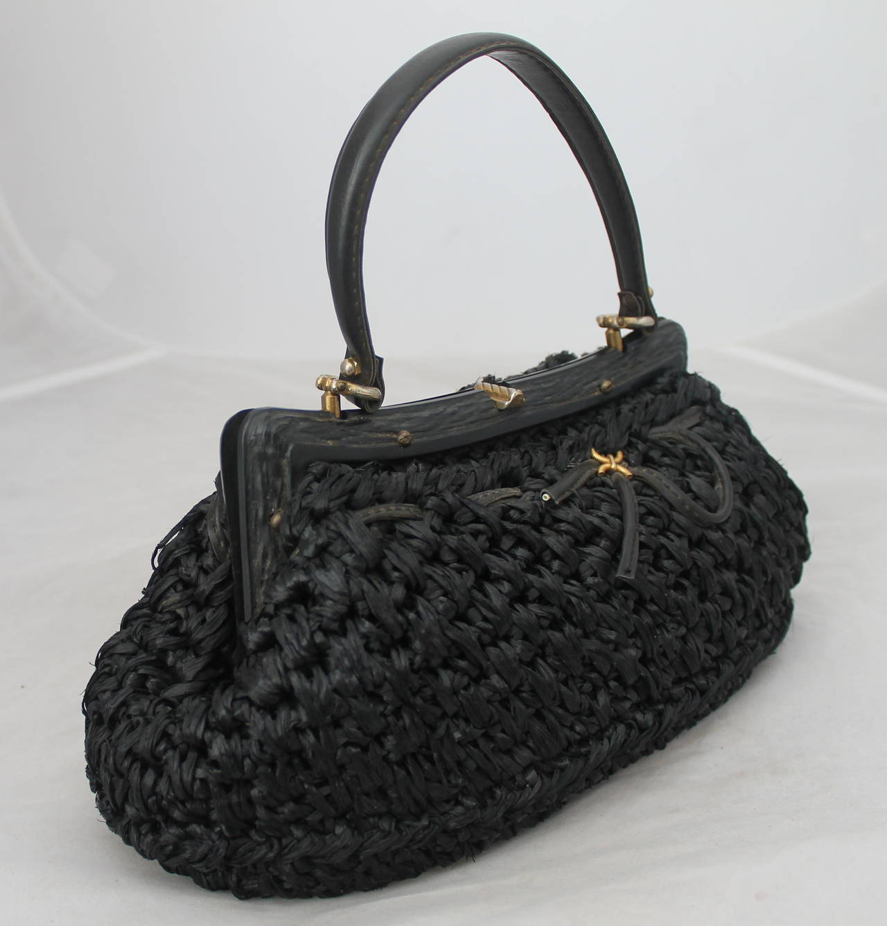 1950's Vintage Italian Black Straw Top Handle Bag In Good Condition In West Palm Beach, FL