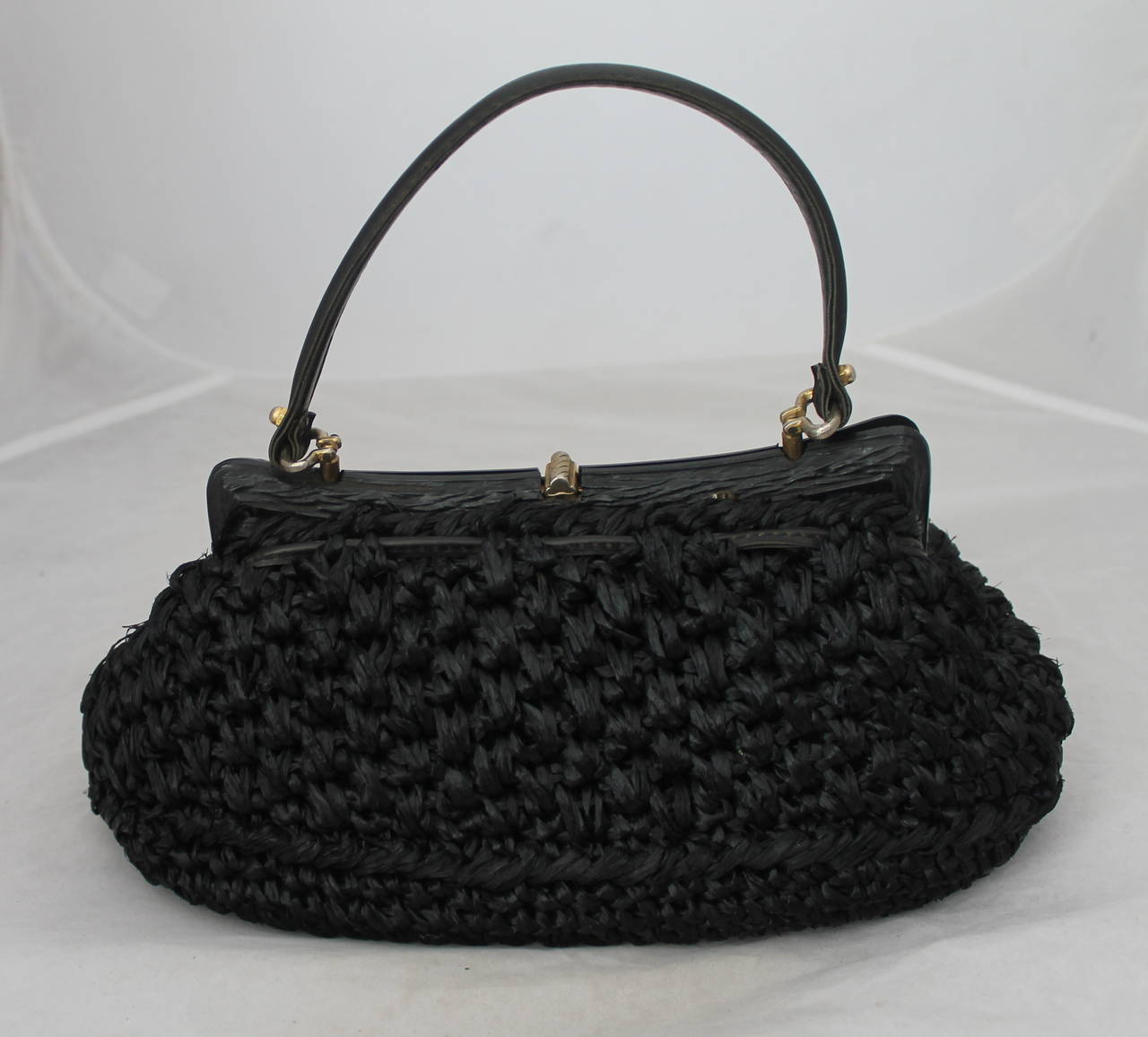 Women's 1950's Vintage Italian Black Straw Top Handle Bag