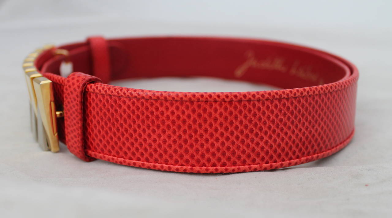 Juidth Leiber 1980s Red Lizard Belt with Gold & Silver Geometric Buckle In Excellent Condition In West Palm Beach, FL