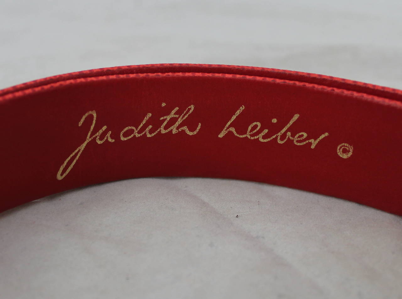 Women's Juidth Leiber 1980s Red Lizard Belt with Gold & Silver Geometric Buckle