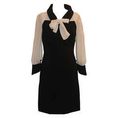 Chanel Black and Ivory Wool Crepe and Silk Chiffon Dress - sz 40