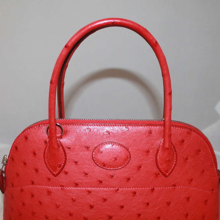 Hermes Rouge Vif Sellier Ostrich Bolide - 25cm - SHW 3