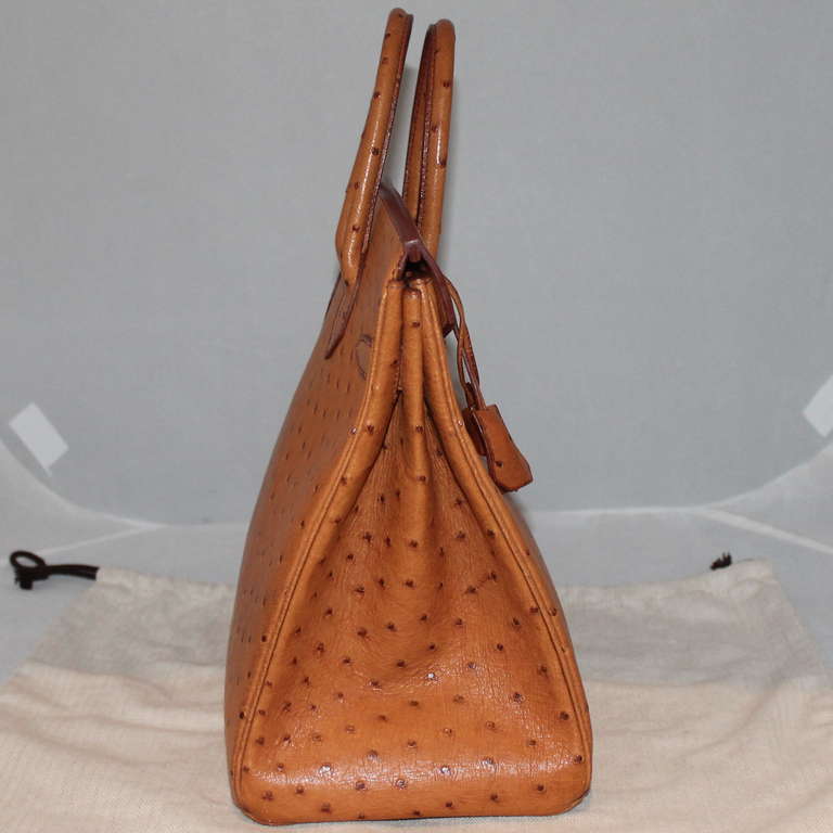 Hermes Cognac Ostrich 32cm HAC Birkin - GHW   Circa 2002 This handbag is in pristine condition. Bag comes with duster, rainpouch and box. These bags will become harder to obtain as Hermes is currently not producing them in Ostrich.