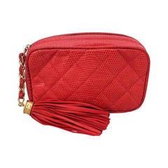 Chanel 1989 Vintage Quilted Red Lizard Clutch with Tassle GHW