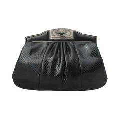 Vintage Judith Leiber Black Art Deco Style Karung Snake Evening Bag & Clutch