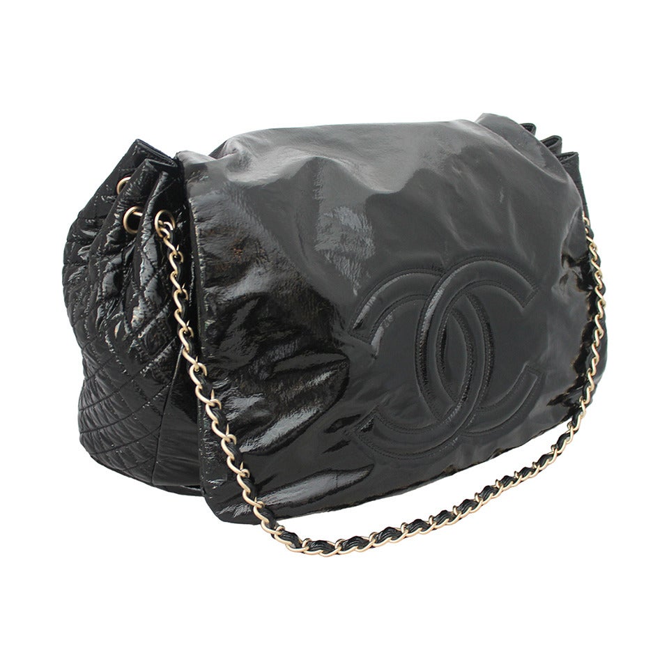 NWT Chanel Black Patent Leather Rock and Chain Flap Handbag circa 2007