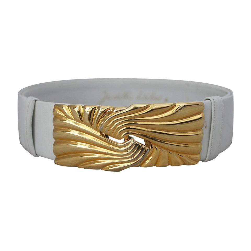 Judith Leiber White Leather Belt with Gold Swirl Buckle