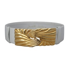 Judith Leiber White Leather Belt with Gold Swirl Buckle