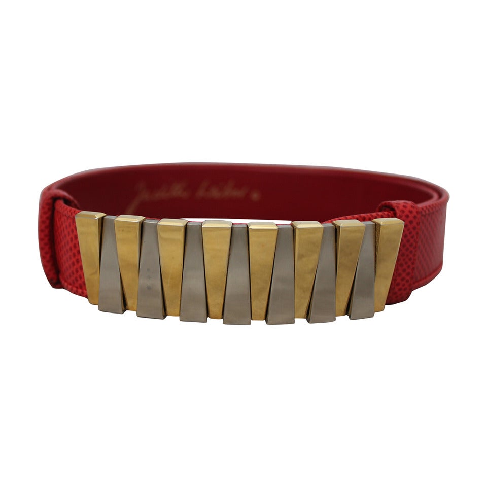 Juidth Leiber 1980s Red Lizard Belt with Gold & Silver Geometric Buckle