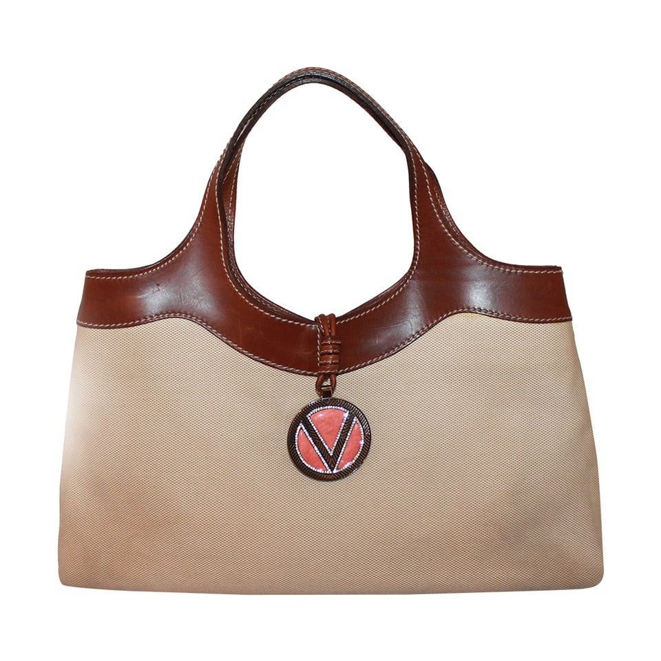 Valentino Creme Canvas and Brown Leather Trim Shoulder Bag