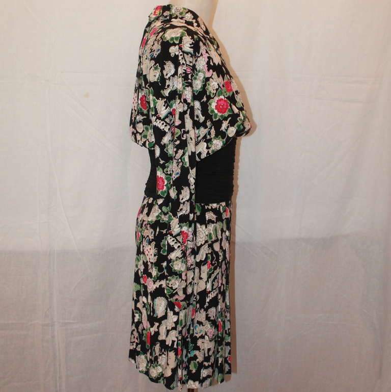 Black Chanel Floral Print Silk Dress- 4 - Circa 80's