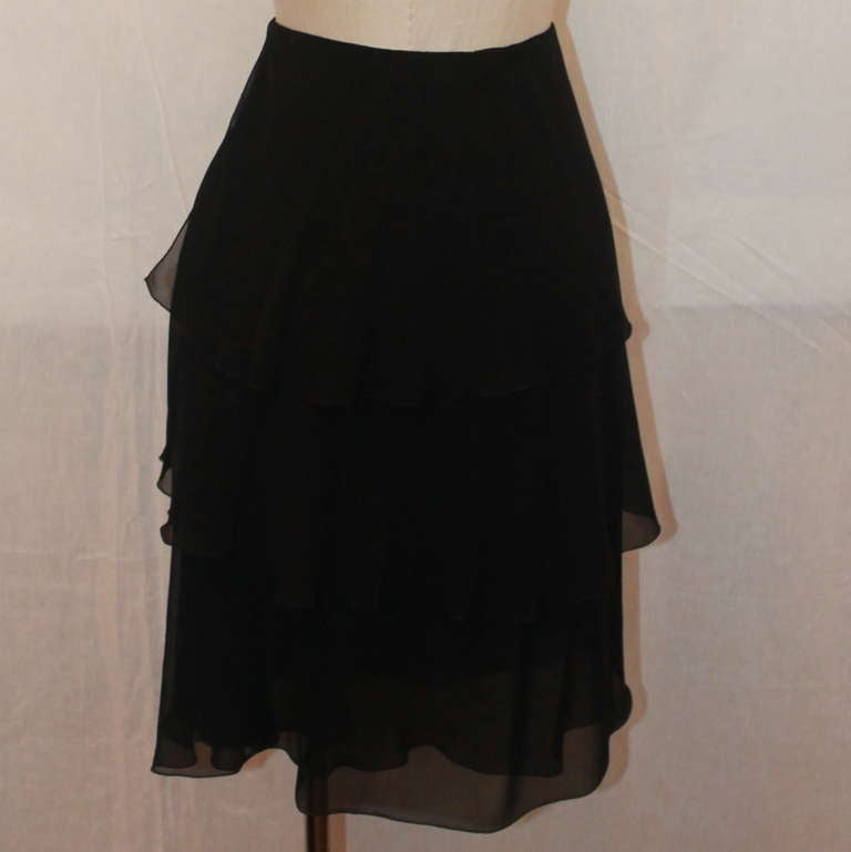 Women's Chanel Black Tiered Silk Chiffon Skirt - 34