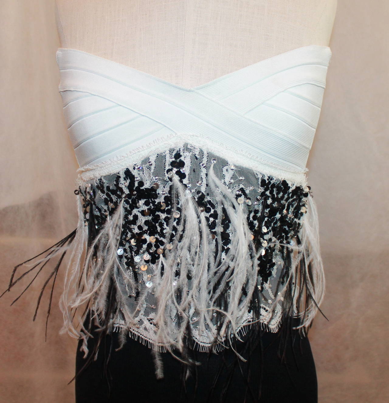 Herve Leger Strapless Black & White Gown with Sequins & Feathers - 2 In Good Condition In West Palm Beach, FL