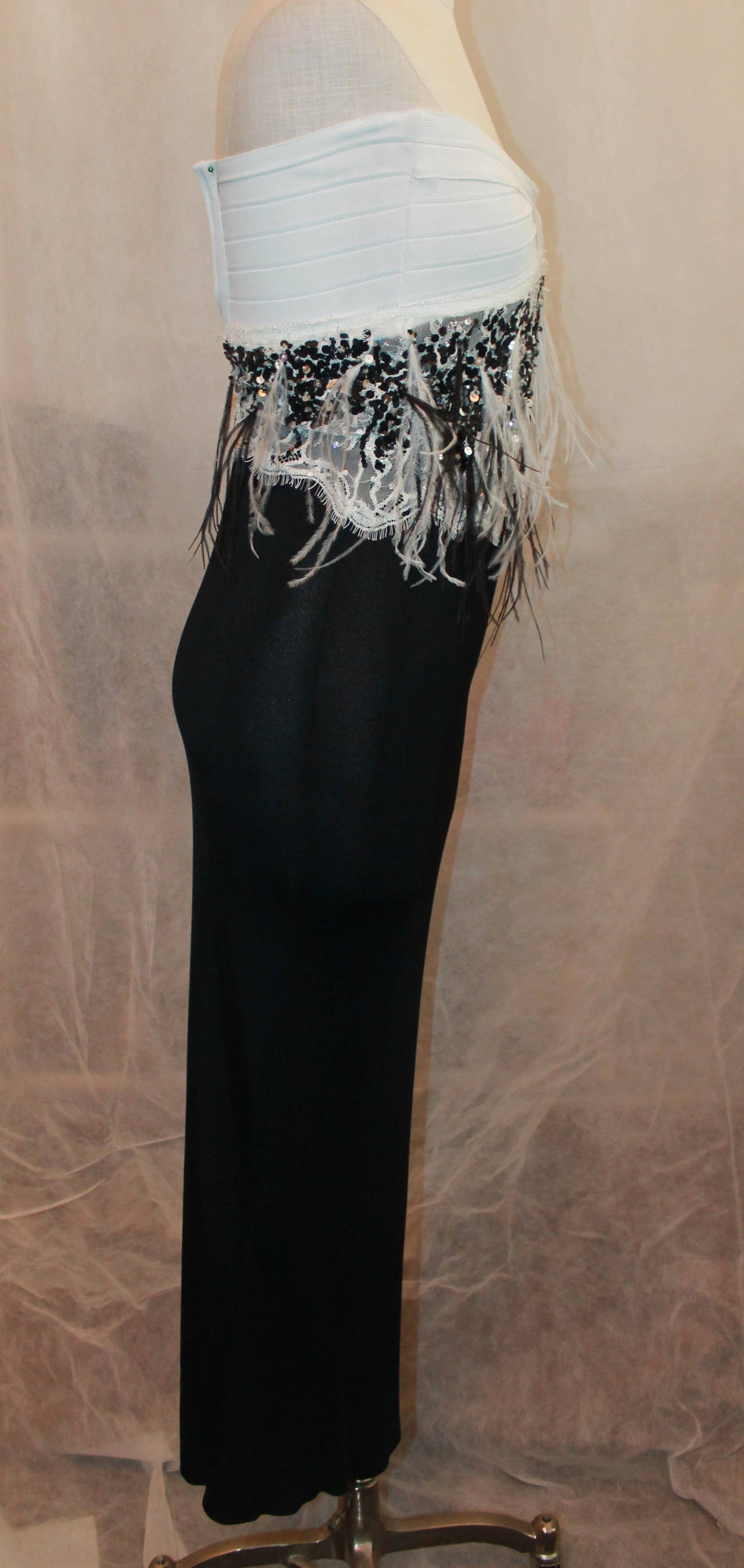 Women's Herve Leger Strapless Black & White Gown with Sequins & Feathers - 2