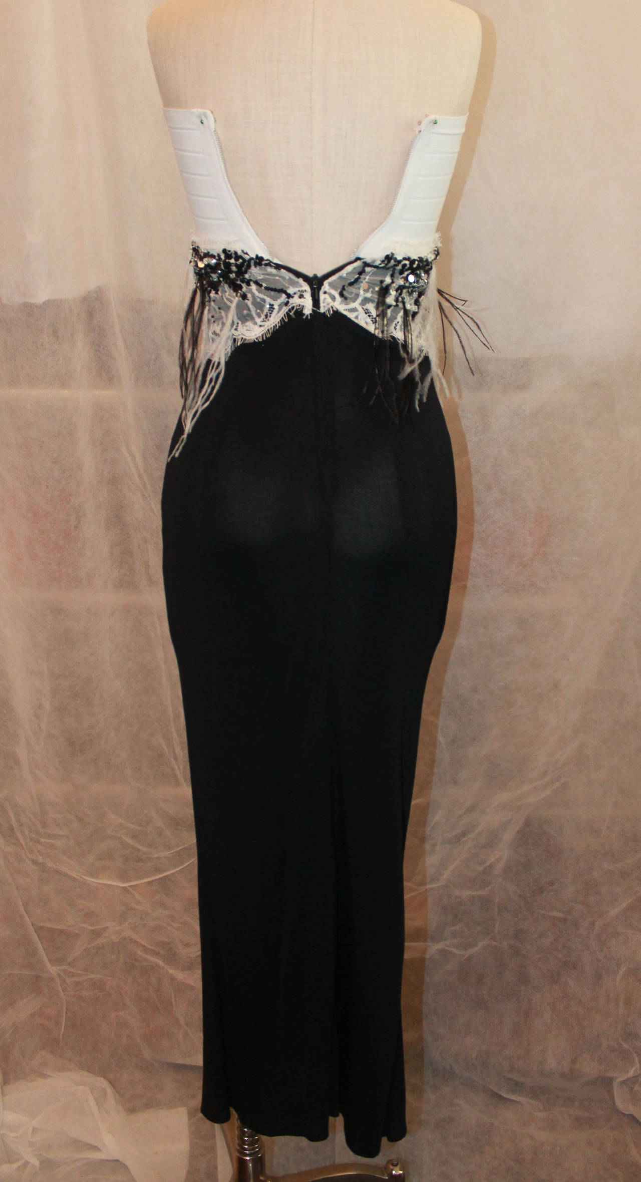 Herve Leger Strapless Black & White Gown with Sequins & Feathers - 2 1