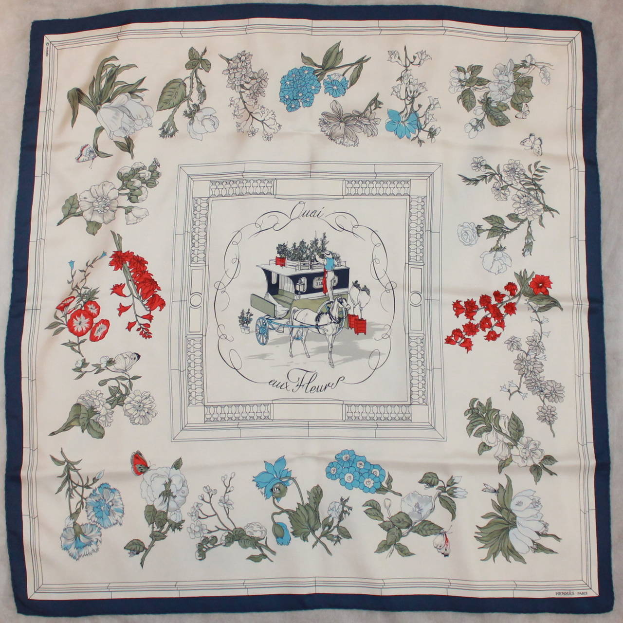 Hermes Navy & White "Quai eux Fleur" Floral Scarf