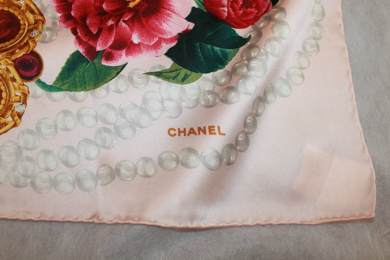 Chanel Pink Scarf with Pearls, Flowers, and Gripoix Print In Good Condition In West Palm Beach, FL
