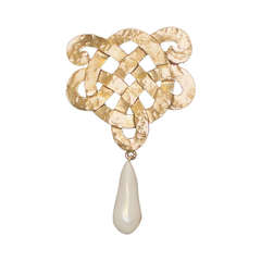 Chanel Vintage Goldtone Brooch with Hanging Pearl - Circa 70's